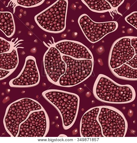 Fruites. Pomegranate Slices Seamless Red Vector Pattern.