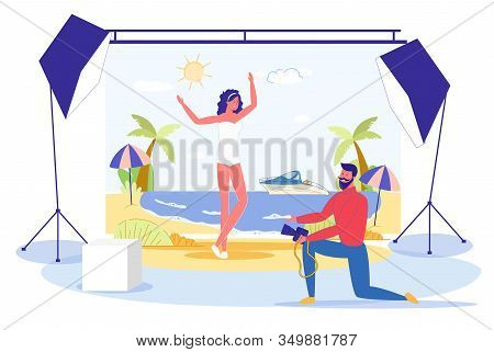 Professional Photographer Shooting Woman Model For Fashion Magazine Or Advertisement. Photo Session 