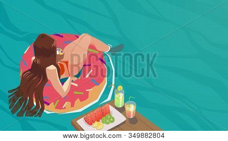 Illustration Of Girl Lying Onrelaxing On Donut Lilo In The Pool. Summer Holiday Idyllic. Design For 