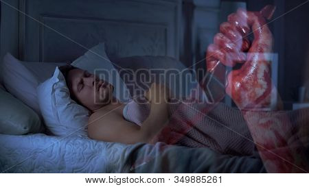 Male Suffering Nightmare Bloody Hand With Knife, Post-traumatic Syndrome