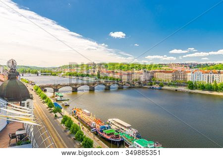 Aerial Panoramic View Of Prague City, Historical Center With Smichov District, Palackeho Most Bridge