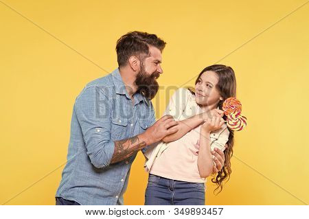 Sweet Dessert. Bearded Hipster Good Daddy For Adorable Daughter. Sweet Childhood. Girl Child And Dad