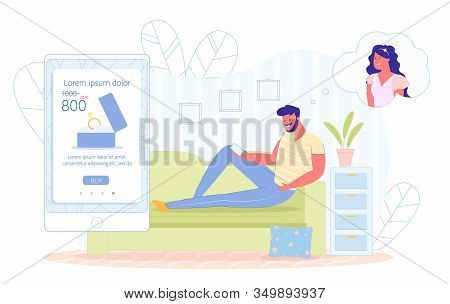 Banner, Guy Buys Wedding Ring Online, Vector. Man Lies On Sofa In Room And Thinks About His Girlfrie
