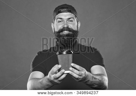 Cafe Barista Hold Coffee Cup. Coffee To Go. Cafe Stuff Red Uniform With Cap Serving Drink. Enjoy Hig