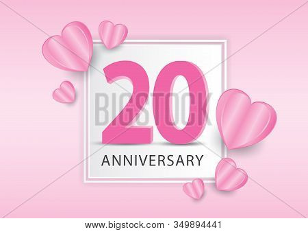 20 Years Anniversary Logo Celebration With Heart Background. Valentine’s Day Anniversary Banner Vect