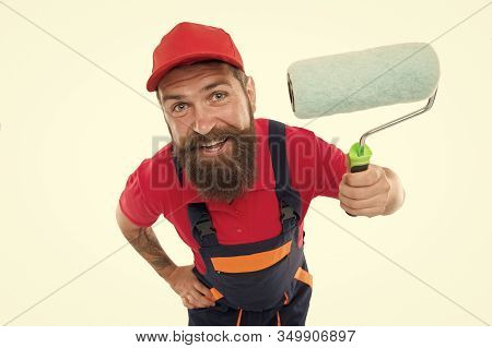 Skillful And Professional Painter. Bearded Man Painter Isolated On White. Wall Painter With Painting