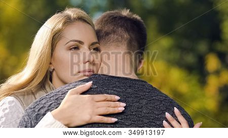Sad Couple Embracing, Goodbying Before Parting, Military Service Draft, Farewell