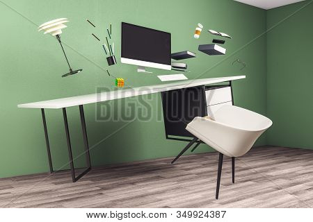 Green Office Interior With Jumping Computers And Supplies. Business Objekt And Occupation Concept. 3
