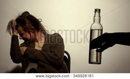 Addicted Female Suffering Withdrawal Syndrome, Unwilling To Drink, Dependence