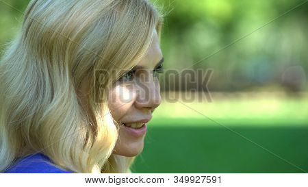 Close Up Of Pretty Woman Smiling In City Park, Flirting With Man, Romantic Date