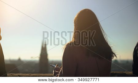 Young Beautiful Lady Traveler Enjoying Ancient City View From Skydeck, Journey