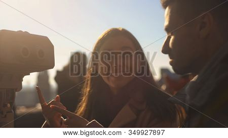 Sweet Couple Enjoying Aerial City Panorama Looking To Tower Viewer On Skydeck
