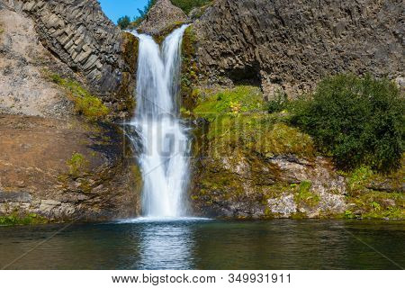 Gjarfoss Waterfall In Gjain In South Iceland On A Sunny Summer Day