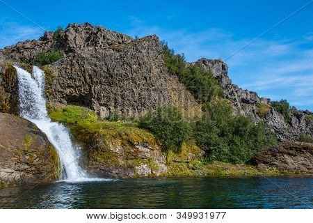 Gjarfoss Waterfall In Gjain In South Iceland On A Sunny Summer Day
