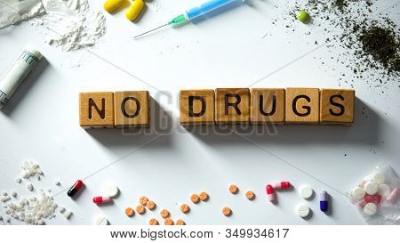 No Drugs Phrase On Wooden Cubes, Abuse And Addiction Concept, Social Problems