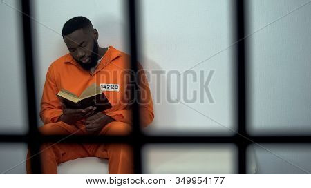 African-american Prisoner Reading Holy Bible, Convicted Sinner, Religion