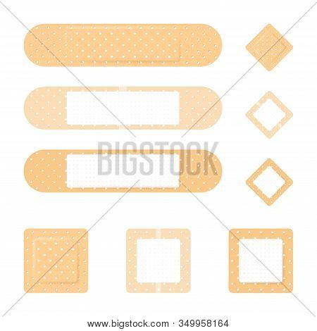 Vector Set Of 9 Medical Bandage Images. 3 Types Of Adhesive Patches With / Without Wrapper On Adhezi