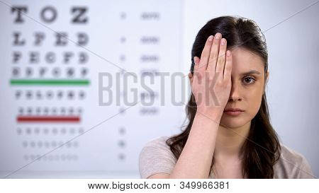 Upset Young Lady Closing Eye With Hand, Eyesight Checkup, Poor Vision Problem