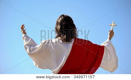 Saint Prophet Holding Cross, Praying To God, Preaching Christianity Back View