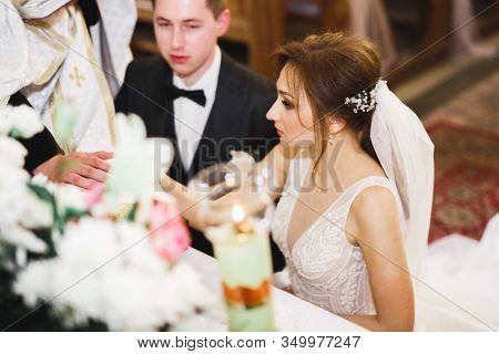 Wedding Couple Bide And Groom Get Married In A Church