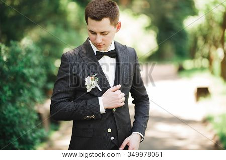 Happy Handsome Smiling Groom Posing With Boutonniere