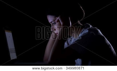 Woman Freelancer Working On Laptop Late At Night, Problems With Concentration