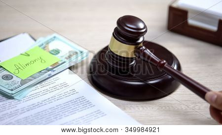 Dollars With Alimony Sign Table, Gavel Standing Sound Block, Financial Support