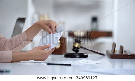 Divorced Woman Holding Envelope With Alimony, Savings For Single Mom, Allowance