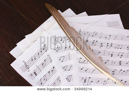 音乐笔记和木桌上的羽毛