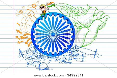 illustrazione di Ashok Chakra su doodle tricolore pace