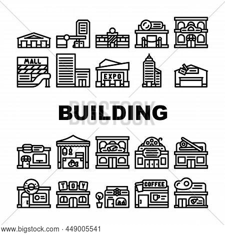 Building Construction Exterior Icons Set Vector. Shopping And Commercial Center Skyscraper, Seafood 