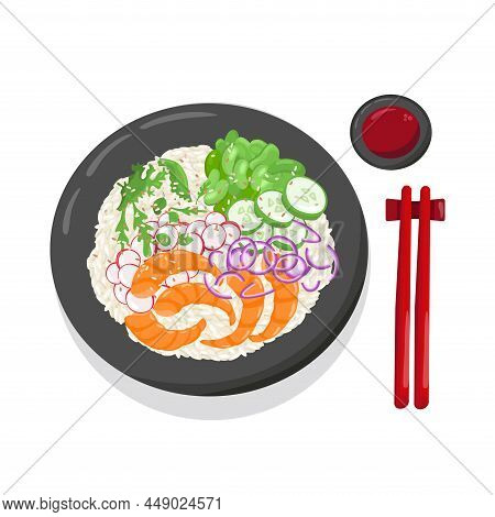Tuna Poke Bowl Illustration Hawaiian Cuisine. Vector Stock Illustration Isolated On White Background