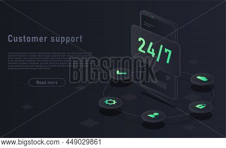 Customer Support Concept. Minimalistic, Neon And Abstract Styles For Landing Page. Coroll Center And