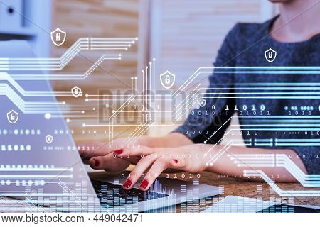 Businesswoman Wearing Formal Wear Works On Laptop Typing Message. Digital Interface With Line Connec