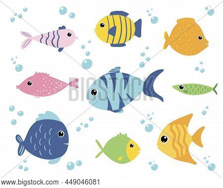 Cute Cartoon Set With Fishes In Bright Colors With Design Elements. Vector Eps10