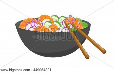 Tuna Poke Bowl Illustration Hawaiian Cuisine. Vector Stock Illustration Isolated On White Background