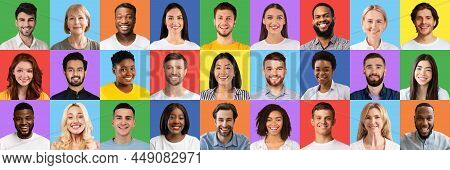 Collage Of Diverse People Of Different Ages And Races On Bright Backgrounds, Panorama. Diverse Socie