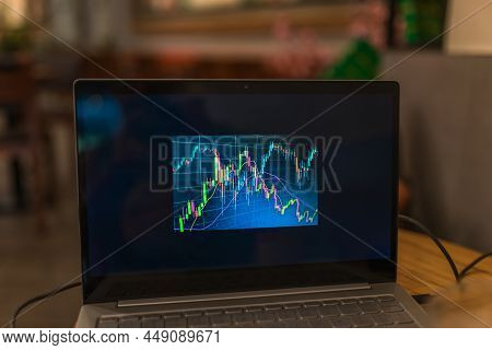 Laptop Screen With Stock Charts. Work On A Computer In A Cafe. Freelancing In A Coffee Shop. Trading