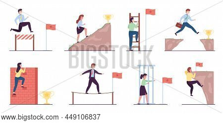 People Overcoming Obstacles. Businessmen And Women, Achieving Targets Activities, Difficult Success 
