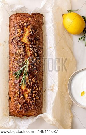 Homemade Lemon Cake With Nuts And Rosemary
