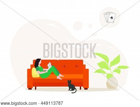Vector Illustration Woman Using Laptop For Playing Online Game Playing Cards Solitaire Poker Prefere