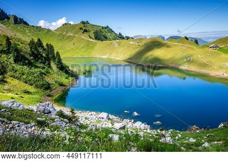 Lac De Lessy And Mountain Landscape In The Grand-bornand, Haute-savoie, France