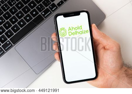 Ahold Delhaize Mobile Application On The Smartphone Screen. Make Purchases While Sitting At Home Usi