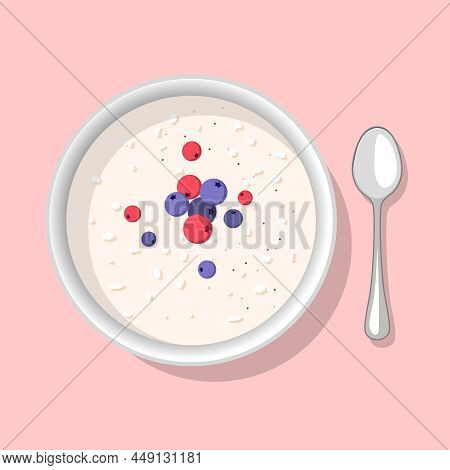 Oat Porridge With Red Berry, Blueberries. Healthy Diet Meal On Plate. Vector Illustration. Simple Fl