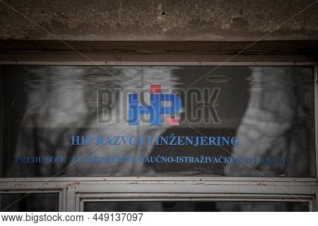 Pancevo, Serbia - January 9, 2021: Hip Petrohemija Logo On The Window Of Their Main Office For Pance