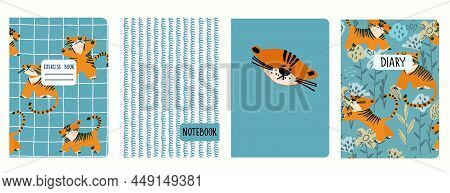 Cover Page Templates Based On Illustrations With Tigers, Checkered And Scribbled. Headers Isolated, 