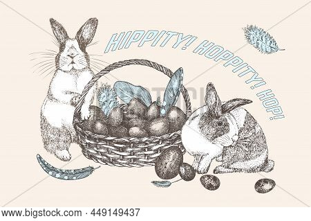 Bunnies And Easter Eggs Basket. Birds Feathers. Engraved Vintage Style. Greeting Card. Line Art Este