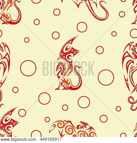 Seamless Vector Pattern With Different Red Dragons And Circles Ovals On A Light Yellow Background. D