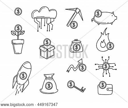Finance Doodle Icon Set. Business Line Symbols. Dollar Sign, Outline Coins, Exchange And Groth Walle