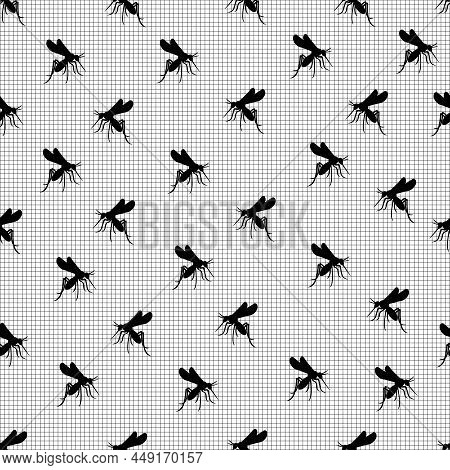 Seamless Pattern Of Silhouettes Of Black Mosquitoes On A Mosquito Net. Design Can Be Used In Medicin